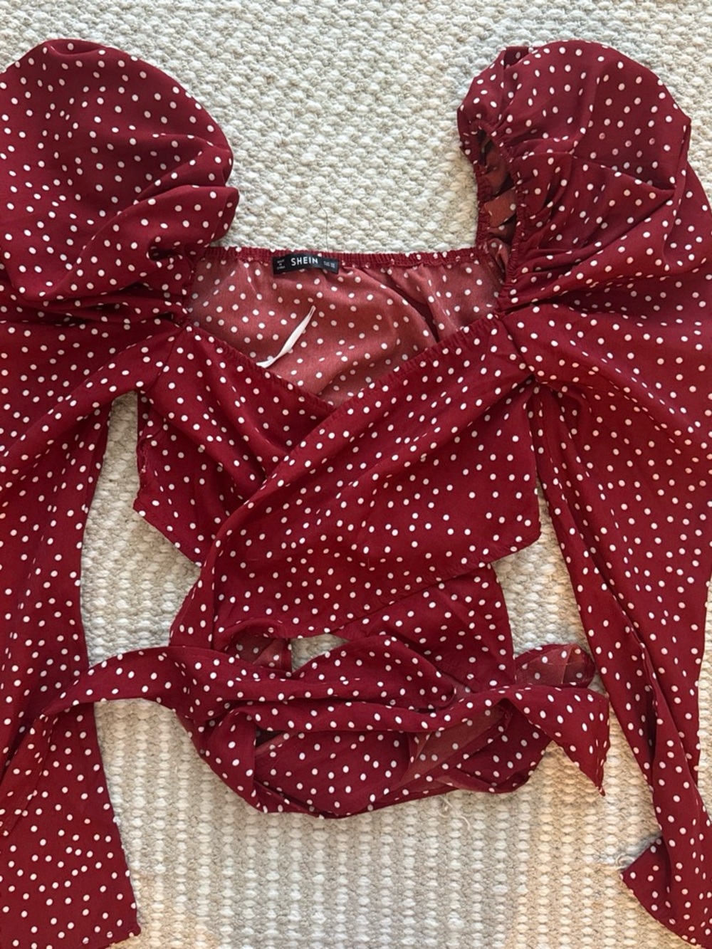 SHEIN Burgundy Red Polka Dot Puff Sleeve Wrap Blouse